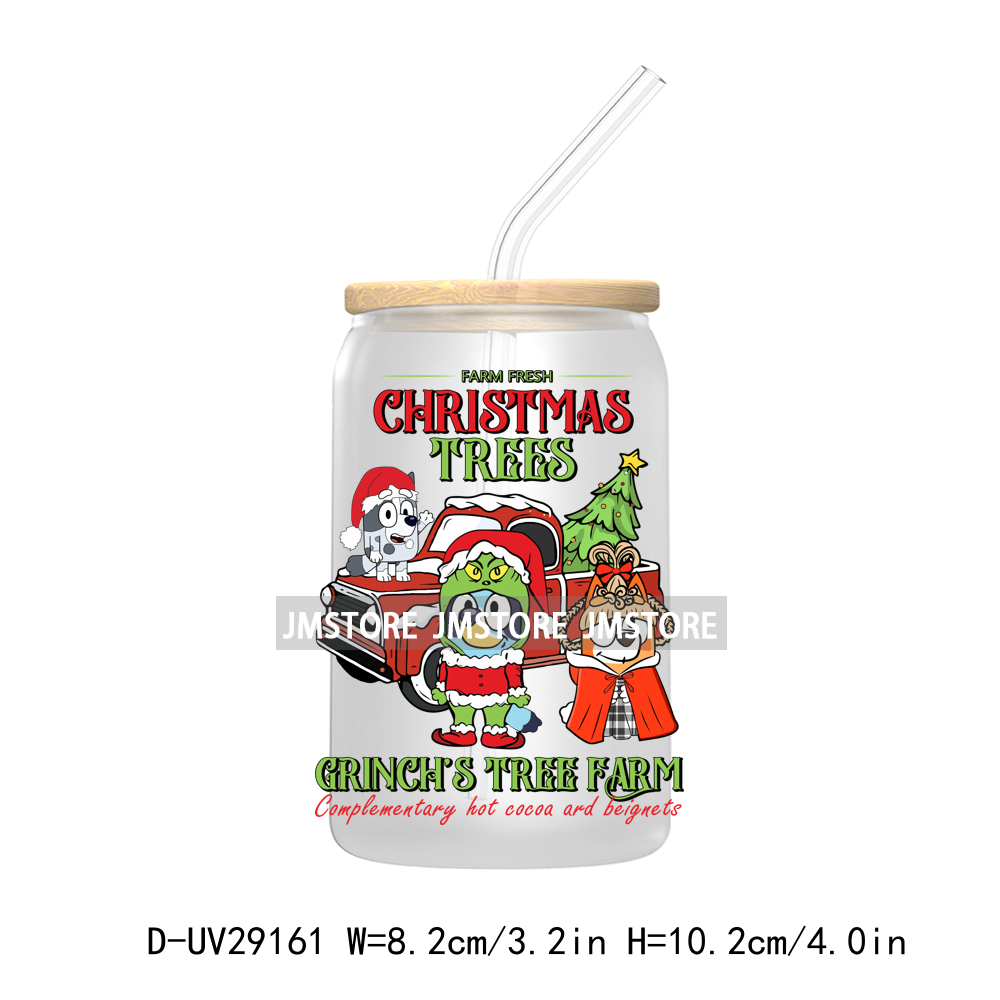 Blue Dog Cartoon Christmas Family UV DTF Transfer Stickers Decals For Libbey Cold Cups Mug Tumbler Waterproof Label Xmas Holiday