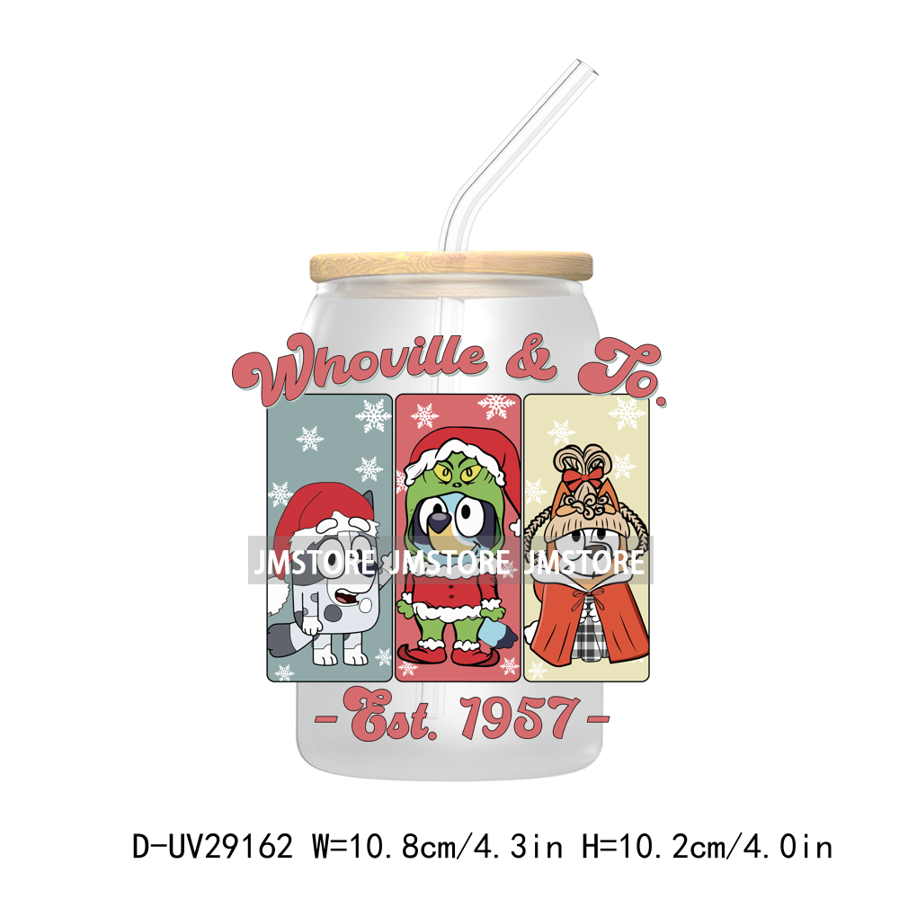 Blue Dog Cartoon Christmas Family UV DTF Transfer Stickers Decals For Libbey Cold Cups Mug Tumbler Waterproof Label Xmas Holiday