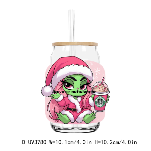 Christmas Boujee Grinch Pink Girls UV DTF Sticker For 16OZ Libbey Glass Cup Can Wrap Transfer Sticker Custom Labels DIY Logo
