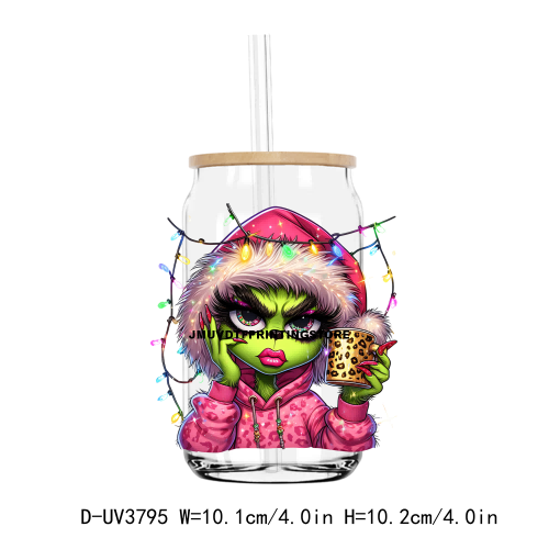 Christmas Boujee Grinch Pink Girls UV DTF Sticker For 16OZ Libbey Glass Cup Can Wrap Transfer Sticker Custom Labels DIY Logo