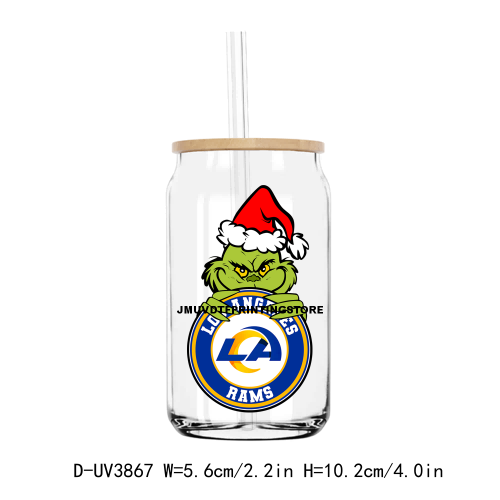 Football Team Sport Christmas Grinch 16OZ UV DTF Cup Wrap Transfers Stickers Custom DIY Waterproof Logo For Libbey Glass Can