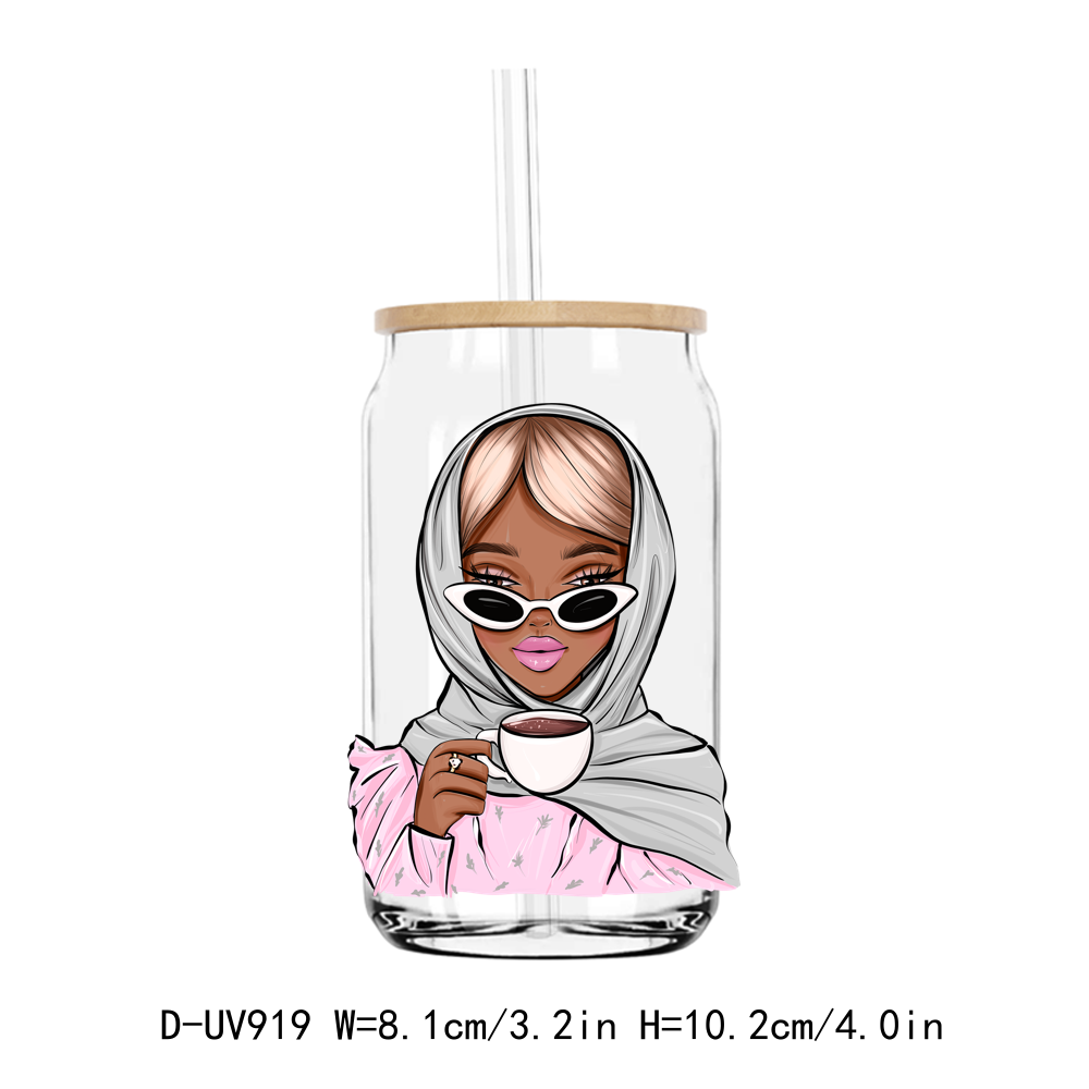 Coffee Fashion Hijab Chibi Women UV DTF Sticker Decals