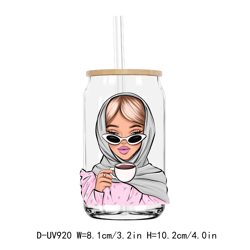 Coffee Fashion Hijab Chibi Women UV DTF Sticker Decals