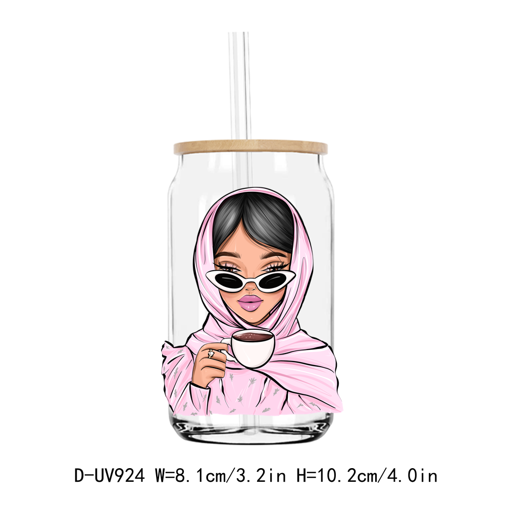 Coffee Fashion Hijab Chibi Women UV DTF Sticker Decals