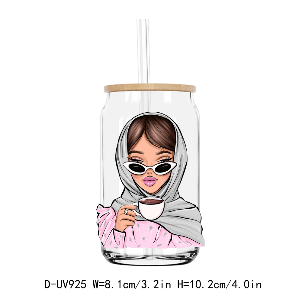 Coffee Fashion Hijab Chibi Women UV DTF Sticker Decals