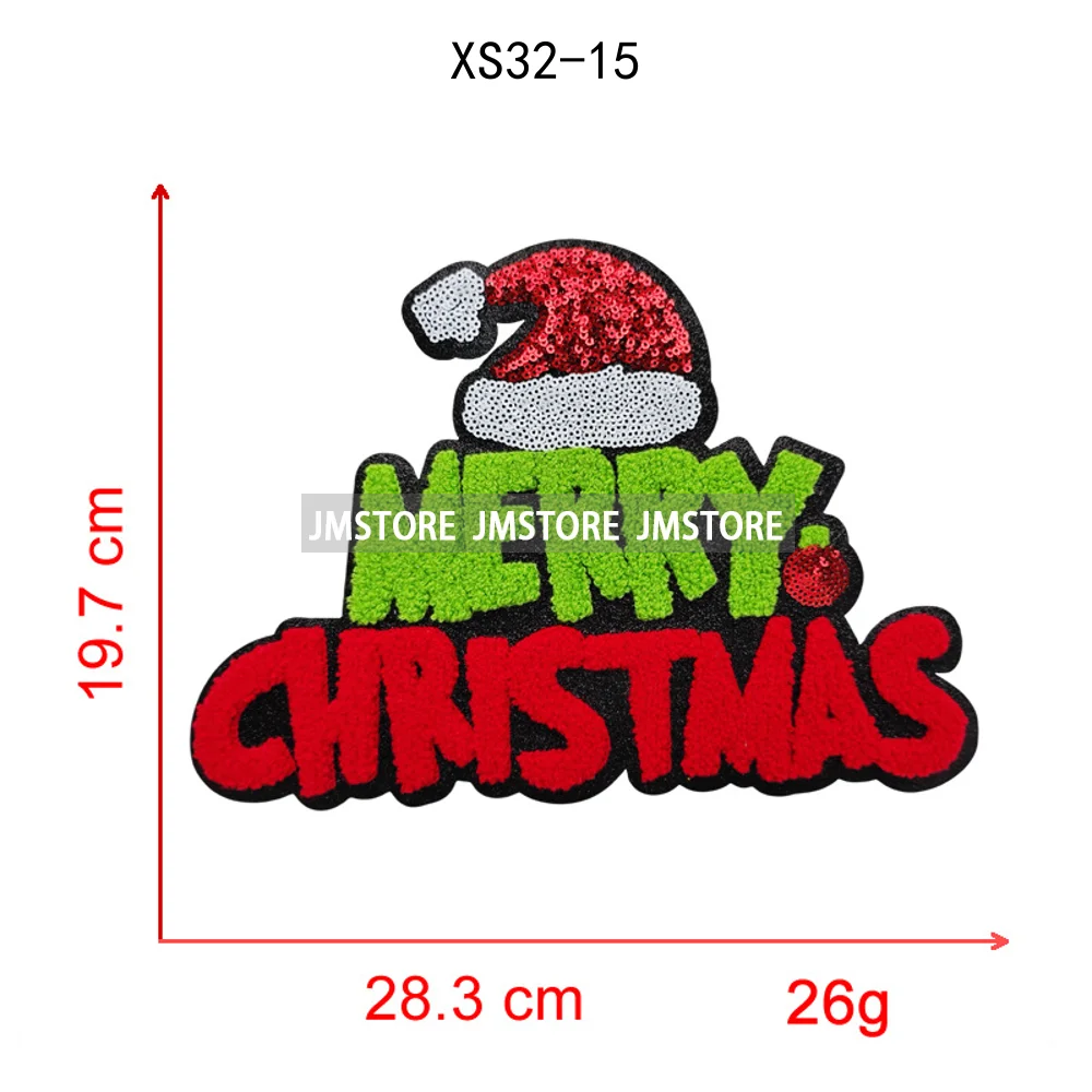 Fashion Merry and Bright Santa Baby Christmas Glitter Chenille Letters Cheer Holiday Iron on Embroidered Patches for Clothes