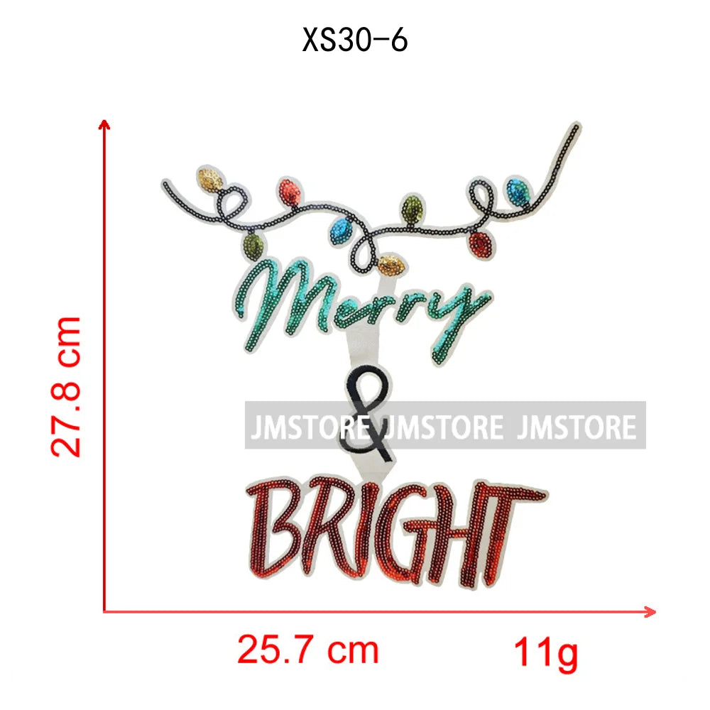 Christmas Tree Bow Reindeer Holly Jolly Merry and Bright Festival Season Chenille Heat Press Sequin Iron on Patches for Hoodies