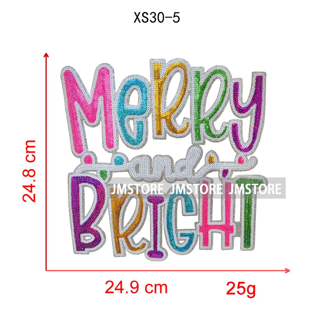 Christmas Tree Bow Reindeer Holly Jolly Merry and Bright Festival Season Chenille Heat Press Sequin Iron on Patches for Hoodies