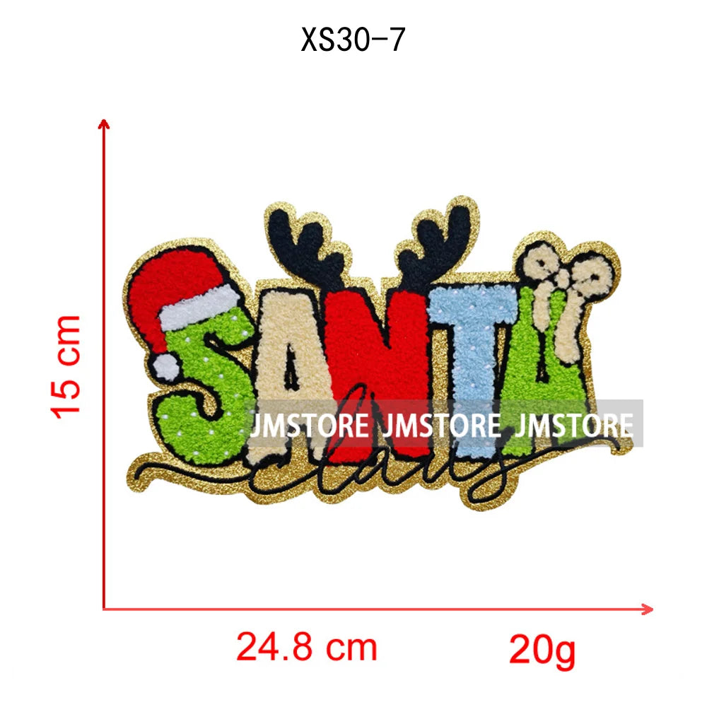 Christmas Tree Bow Reindeer Holly Jolly Merry and Bright Festival Season Chenille Heat Press Sequin Iron on Patches for Hoodies