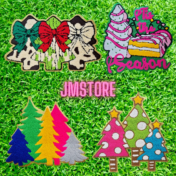 Colorful Tis the Season Coquette Christmas Tree Cheer Cozy Winter Soft Embroidered Chenille Iron on Patches for Clothes Bags