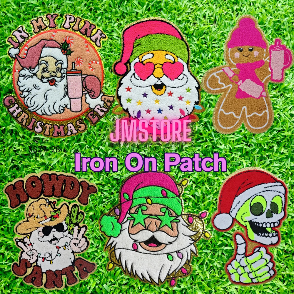 Wholesale Santa Claus Era Winter Christmas Holiday Chenille Heat Press Custom Sequin Iron on Patches for Women Man Clothing