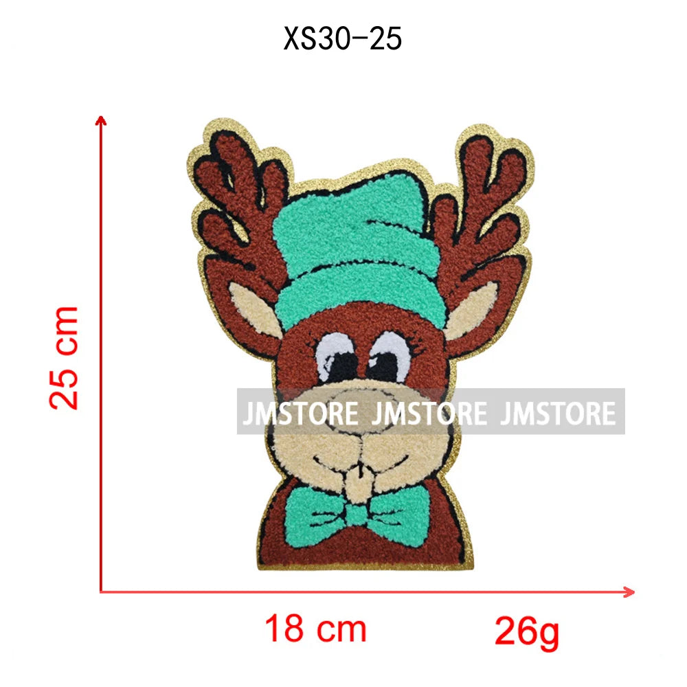 Christmas Tree Bow Reindeer Holly Jolly Merry and Bright Festival Season Chenille Heat Press Sequin Iron on Patches for Hoodies