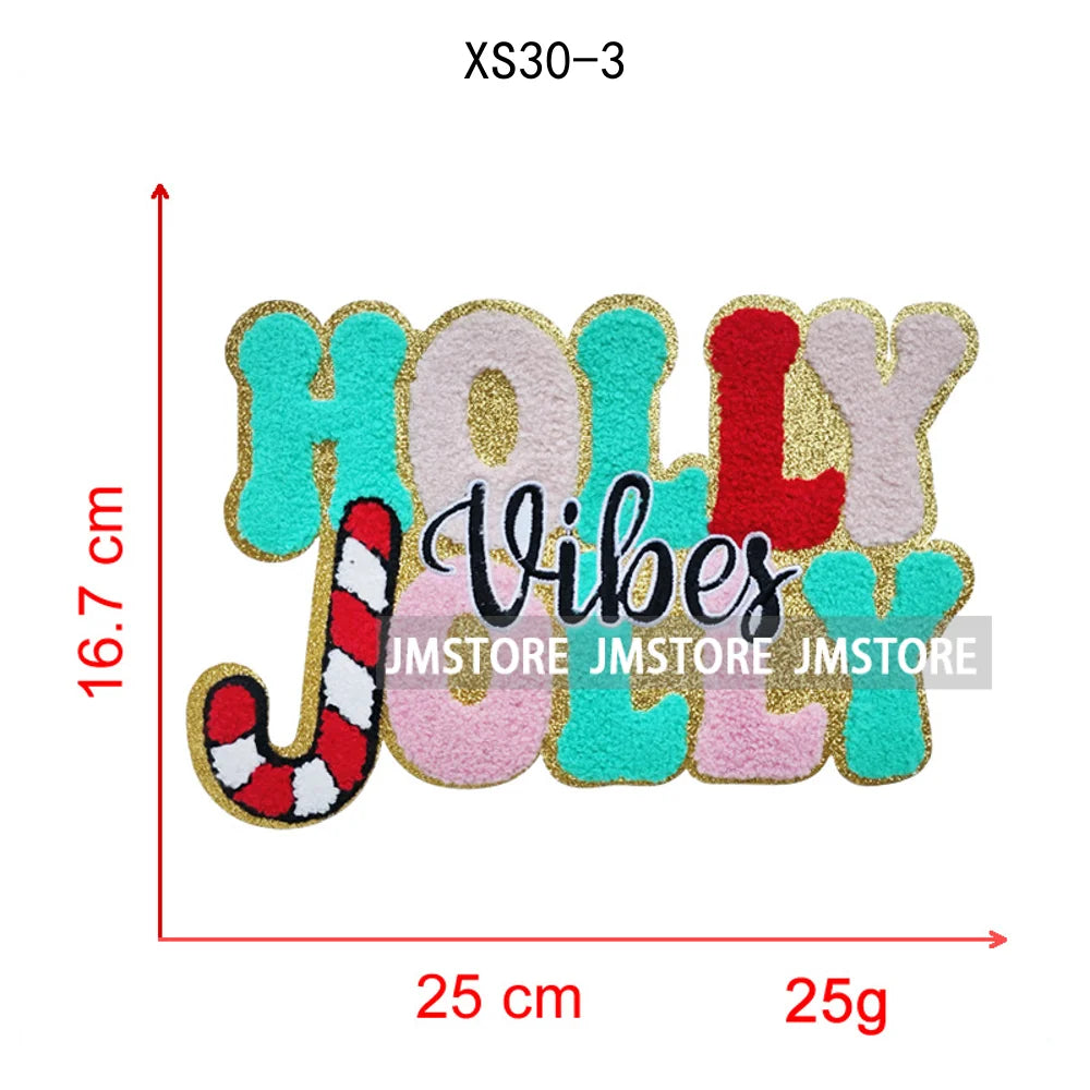 Christmas Tree Bow Reindeer Holly Jolly Merry and Bright Festival Season Chenille Heat Press Sequin Iron on Patches for Hoodies