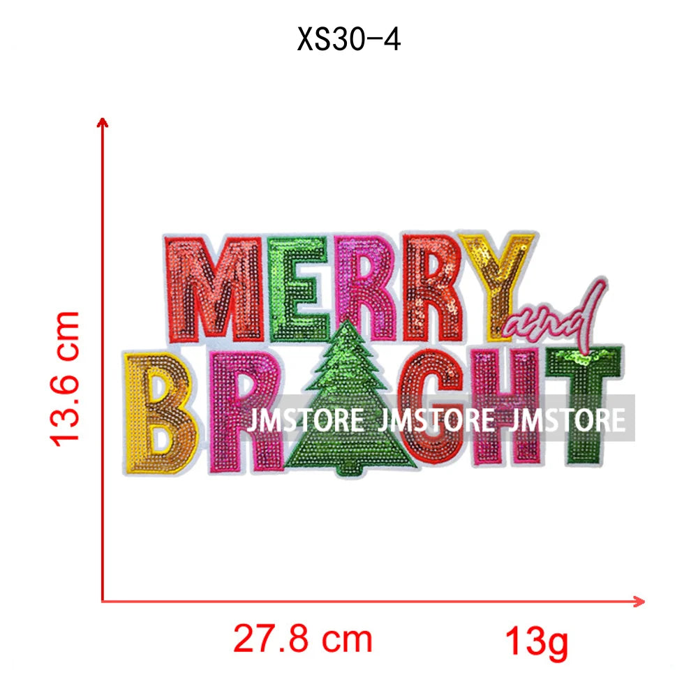 Christmas Tree Bow Reindeer Holly Jolly Merry and Bright Festival Season Chenille Heat Press Sequin Iron on Patches for Hoodies