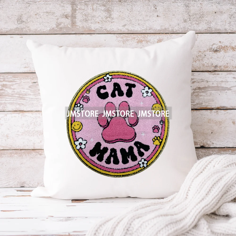 Pink Dog Cat Mama Coquette Mother's Day Mom Life Love Glitter Edge Iron on Heat Press Chenille Patches for Sweatshirts Bags