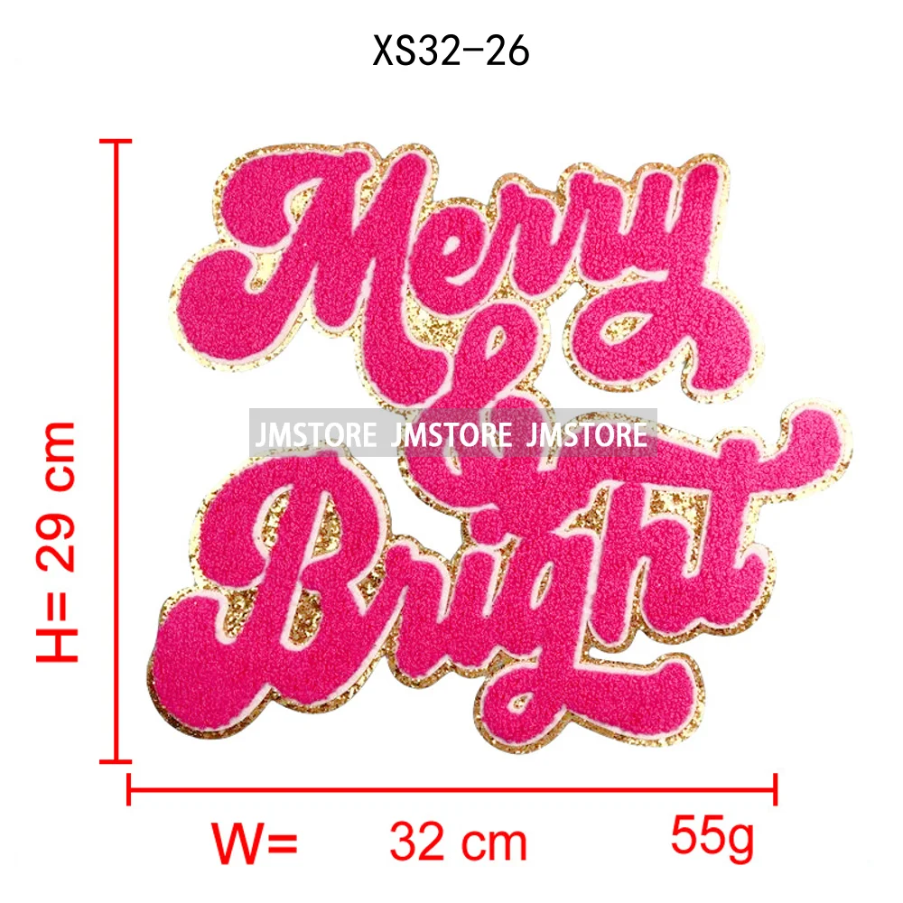 Fashion Merry and Bright Santa Baby Christmas Glitter Chenille Letters Cheer Holiday Iron on Embroidered Patches for Clothes