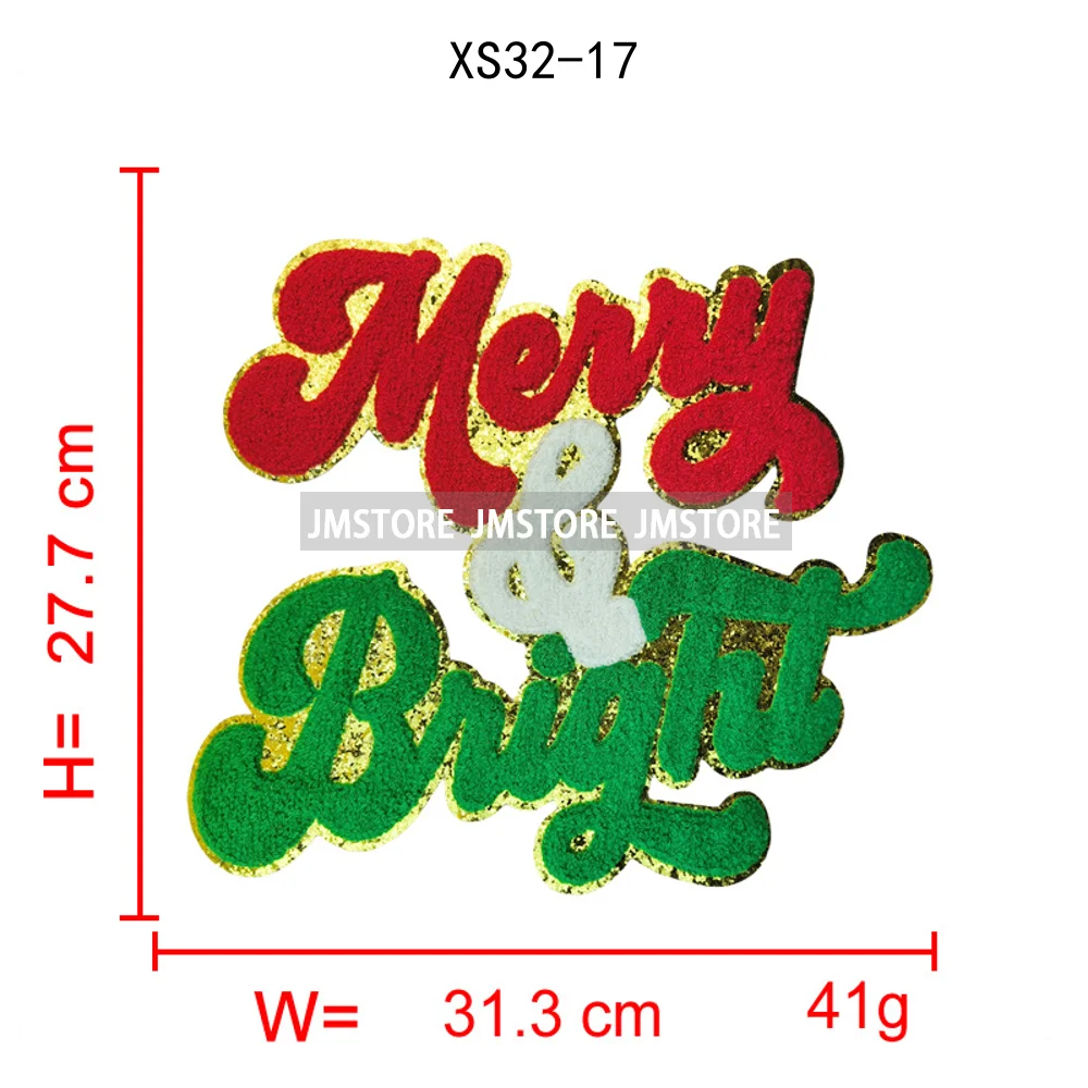 Fashion Merry and Bright Santa Baby Christmas Glitter Chenille Letters Cheer Holiday Iron on Embroidered Patches for Clothes