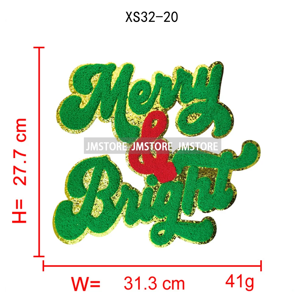Fashion Merry and Bright Santa Baby Christmas Glitter Chenille Letters Cheer Holiday Iron on Embroidered Patches for Clothes