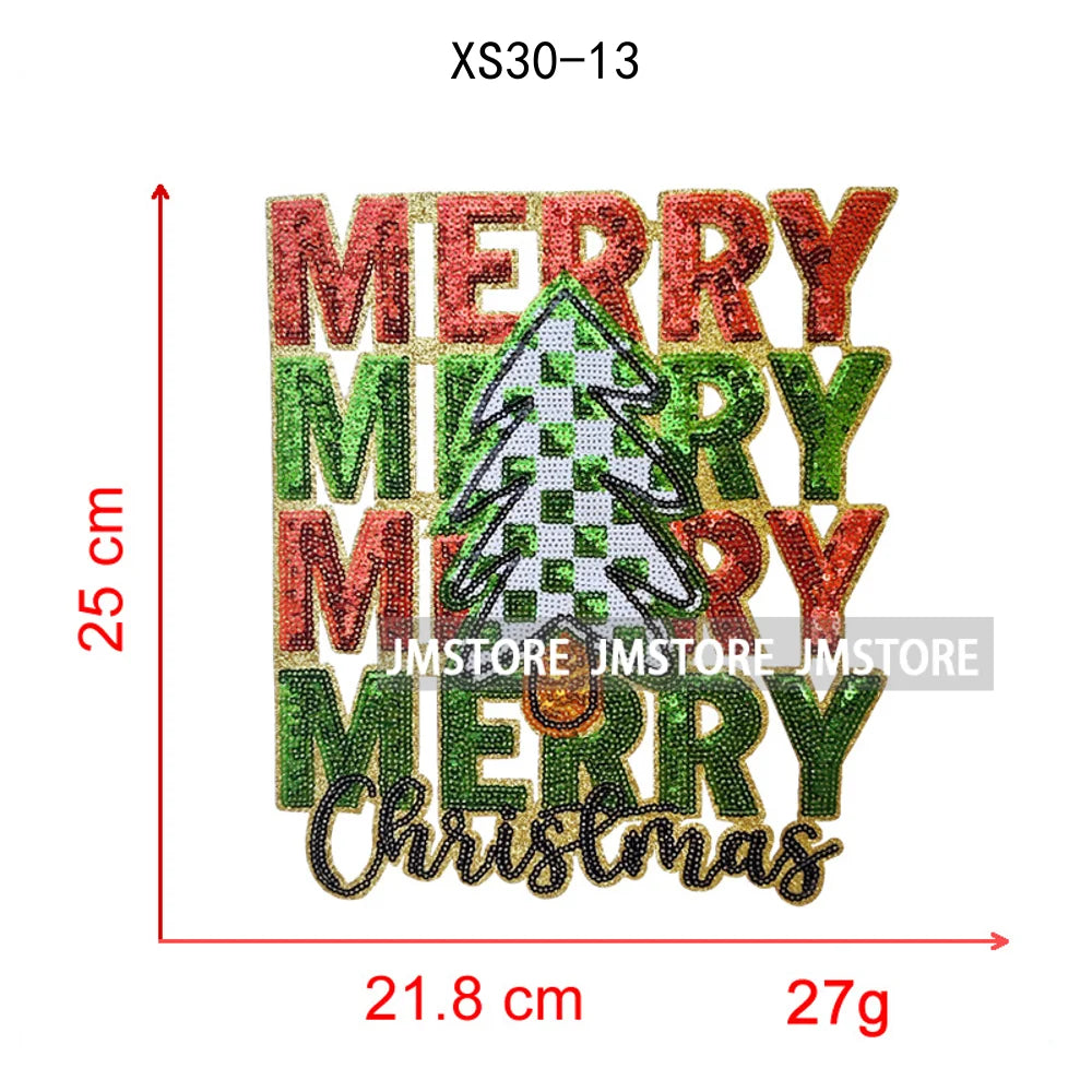 Christmas Tree Bow Reindeer Holly Jolly Merry and Bright Festival Season Chenille Heat Press Sequin Iron on Patches for Hoodies