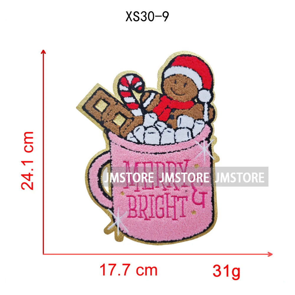 Christmas Tree Bow Reindeer Holly Jolly Merry and Bright Festival Season Chenille Heat Press Sequin Iron on Patches for Hoodies