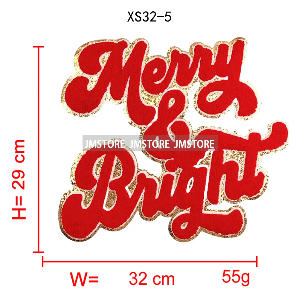Fashion Merry and Bright Santa Baby Christmas Glitter Chenille Letters Cheer Holiday Iron on Embroidered Patches for Clothes