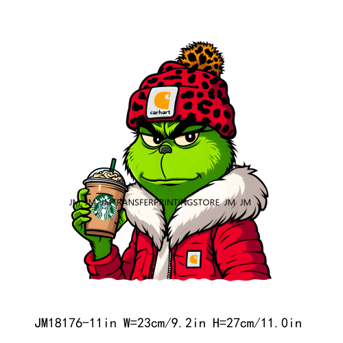 Red Leopard Drinking Coffee Boujee Grinch Coffee Lover Christmas Washable DTF Heat Transfer Stickers Ready To Press For T-Shirts