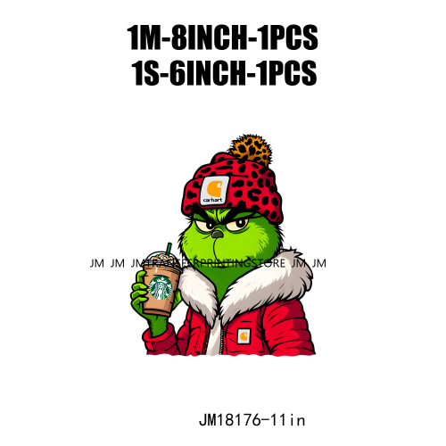 Red Leopard Drinking Coffee Boujee Grinch Coffee Lover Christmas Washable DTF Heat Transfer Stickers Ready To Press For T-Shirts