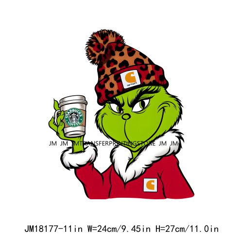 Red Leopard Drinking Coffee Boujee Grinch Coffee Lover Christmas Washable DTF Heat Transfer Stickers Ready To Press For T-Shirts