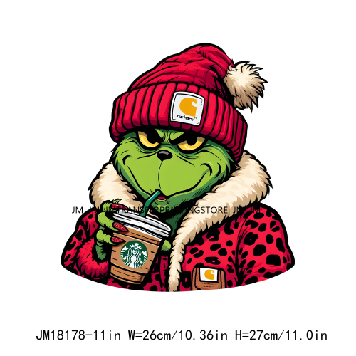 Red Leopard Drinking Coffee Boujee Grinch Coffee Lover Christmas Washable DTF Heat Transfer Stickers Ready To Press For T-Shirts