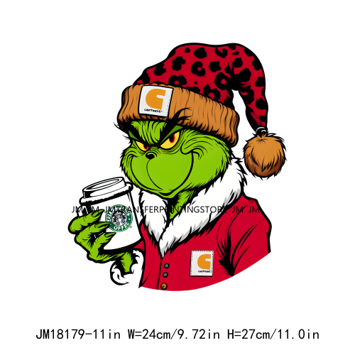 Red Leopard Drinking Coffee Boujee Grinch Coffee Lover Christmas Washable DTF Heat Transfer Stickers Ready To Press For T-Shirts