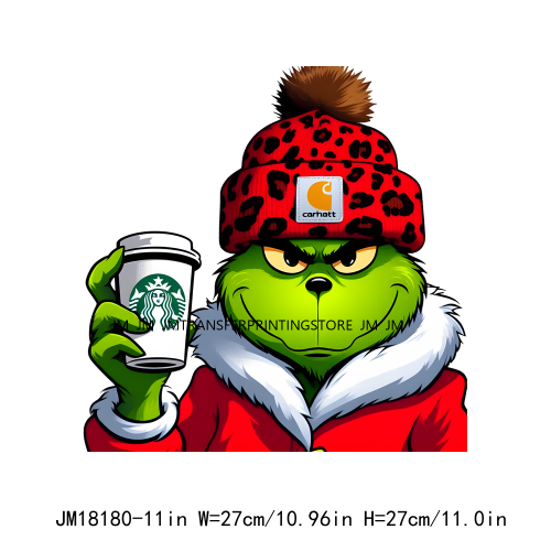 Red Leopard Drinking Coffee Boujee Grinch Coffee Lover Christmas Washable DTF Heat Transfer Stickers Ready To Press For T-Shirts