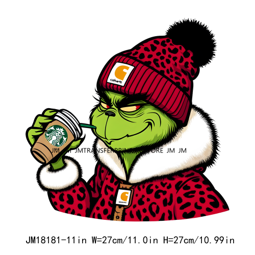 Red Leopard Drinking Coffee Boujee Grinch Coffee Lover Christmas Washable DTF Heat Transfer Stickers Ready To Press For T-Shirts