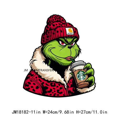 Red Leopard Drinking Coffee Boujee Grinch Coffee Lover Christmas Washable DTF Heat Transfer Stickers Ready To Press For T-Shirts