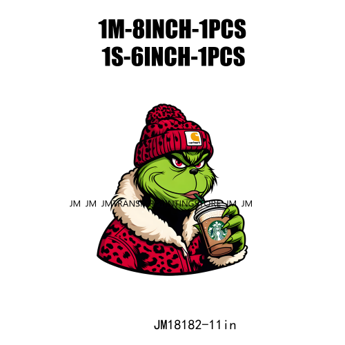 Red Leopard Drinking Coffee Boujee Grinch Coffee Lover Christmas Washable DTF Heat Transfer Stickers Ready To Press For T-Shirts