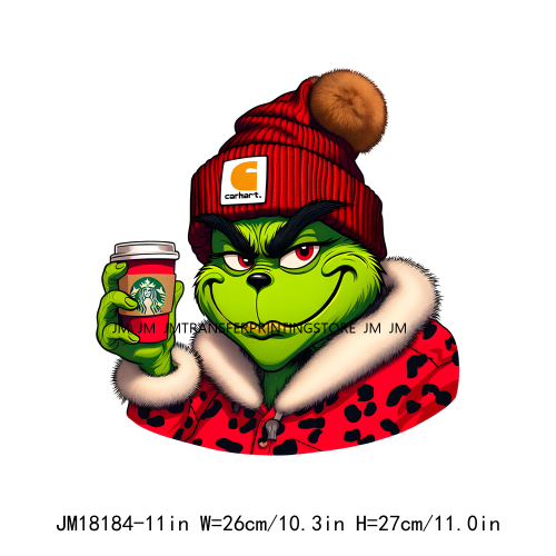 Red Leopard Drinking Coffee Boujee Grinch Coffee Lover Christmas Washable DTF Heat Transfer Stickers Ready To Press For T-Shirts