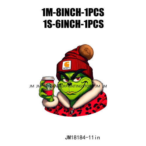 Red Leopard Drinking Coffee Boujee Grinch Coffee Lover Christmas Washable DTF Heat Transfer Stickers Ready To Press For T-Shirts