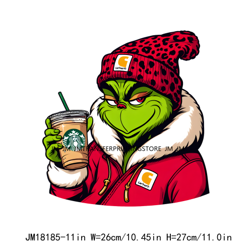 Red Leopard Drinking Coffee Boujee Grinch Coffee Lover Christmas Washable DTF Heat Transfer Stickers Ready To Press For T-Shirts