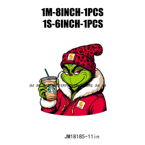 Red Leopard Drinking Coffee Boujee Grinch Coffee Lover Christmas Washable DTF Heat Transfer Stickers Ready To Press For T-Shirts