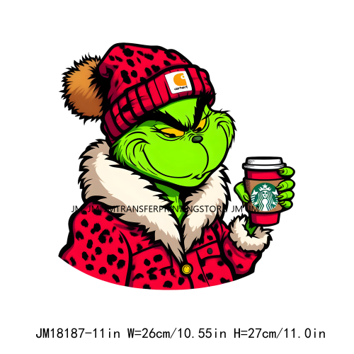 Red Leopard Drinking Coffee Boujee Grinch Coffee Lover Christmas Washable DTF Heat Transfer Stickers Ready To Press For T-Shirts