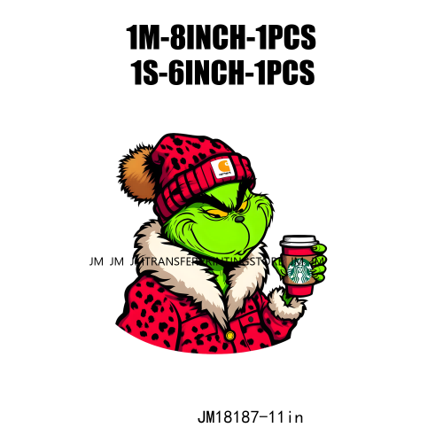 Red Leopard Drinking Coffee Boujee Grinch Coffee Lover Christmas Washable DTF Heat Transfer Stickers Ready To Press For T-Shirts