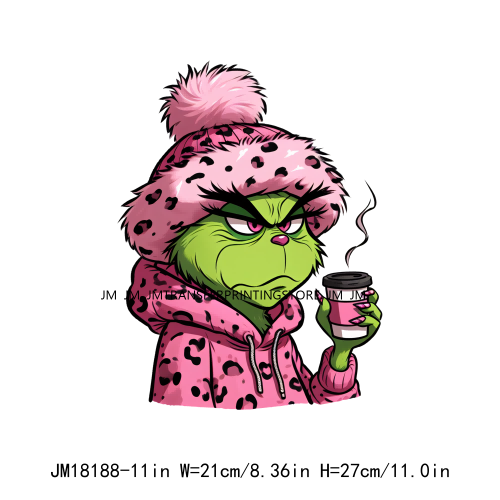 Cute Pink Leopard Coffee Boojee Grinch DTF Printing Iron On Grincy But Caffeinated Transfer Stickers Ready To Press For Hoodies