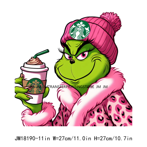 Cute Pink Leopard Coffee Boojee Grinch DTF Printing Iron On Grincy But Caffeinated Transfer Stickers Ready To Press For Hoodies