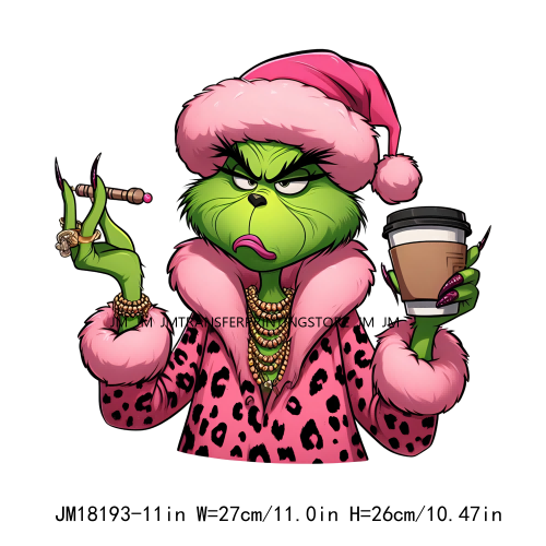 Cute Pink Leopard Coffee Boojee Grinch DTF Printing Iron On Grincy But Caffeinated Transfer Stickers Ready To Press For Hoodies