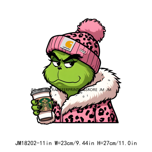 Cute Pink Leopard Coffee Boojee Grinch DTF Printing Iron On Grincy But Caffeinated Transfer Stickers Ready To Press For Hoodies