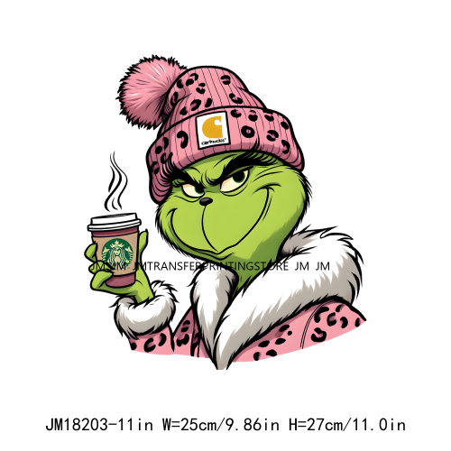 Cute Pink Leopard Coffee Boojee Grinch DTF Printing Iron On Grincy But Caffeinated Transfer Stickers Ready To Press For Hoodies