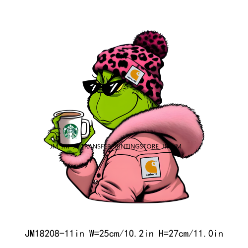 Cute Pink Leopard Coffee Boojee Grinch DTF Printing Iron On Grincy But Caffeinated Transfer Stickers Ready To Press For Hoodies