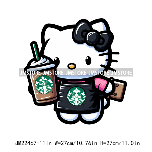 Colorful Coffee Drinking Cat Logos Iron On DTF Animal Transfers Stickers Ready To Press For T-shirts Bags