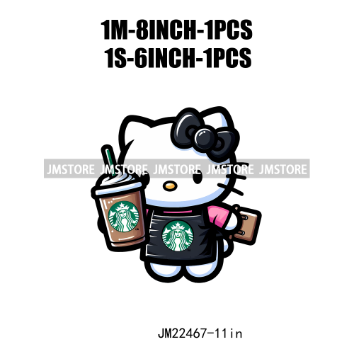 Colorful Coffee Drinking Cat Logos Iron On DTF Animal Transfers Stickers Ready To Press For T-shirts Bags