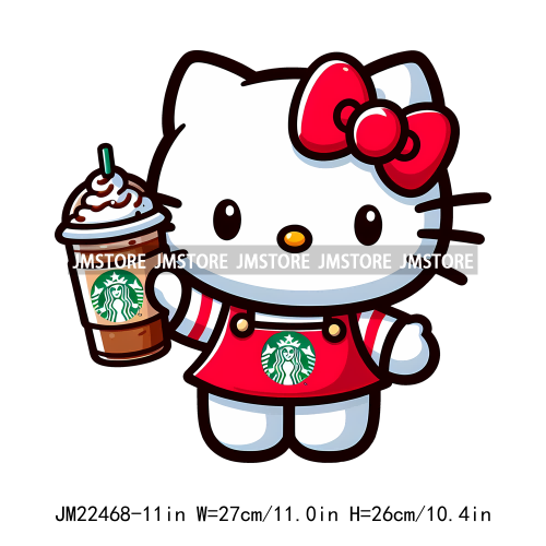 Colorful Coffee Drinking Cat Logos Iron On DTF Animal Transfers Stickers Ready To Press For T-shirts Bags