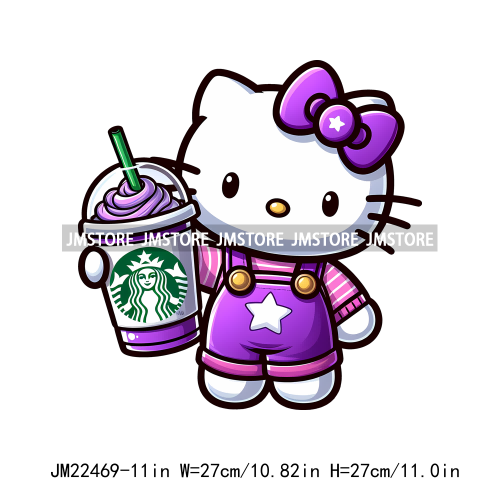 Colorful Coffee Drinking Cat Logos Iron On DTF Animal Transfers Stickers Ready To Press For T-shirts Bags